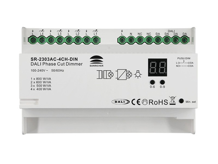 4-kanałowy ściemniacz fazowy DALI + Push na szynę DIN SR-2303AC-4CH-DIN  Sunricher